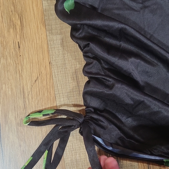 VINTAGE GRANADA Black Green Floral Mock Cinch Shoulder Mumu Kaftan Housecoat - Picture 5 of 11